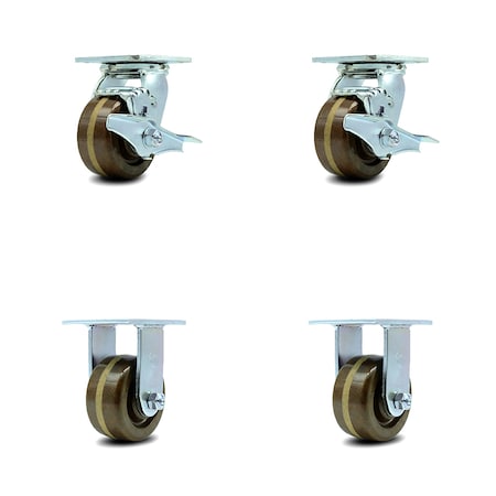 Service Caster 4 Inch High Temp Phenolic Caster Set with Roller Bearings 4 Brake 2 Swivel Lock SCC-30CS420-PHRHT-TLB-2-R420-2